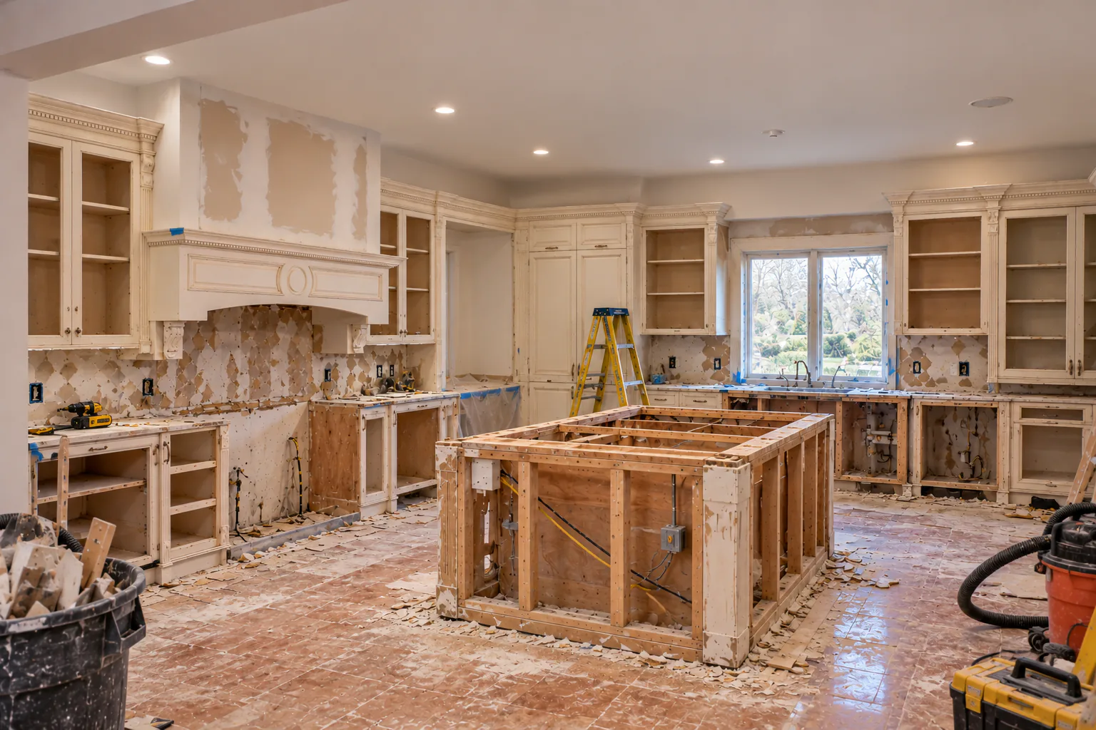 A large kitchen mid-renovation, the cabinets stripped back to bare carcasses, the island framed out in new lumber and a stepladder standing on a floor covered in broken tile