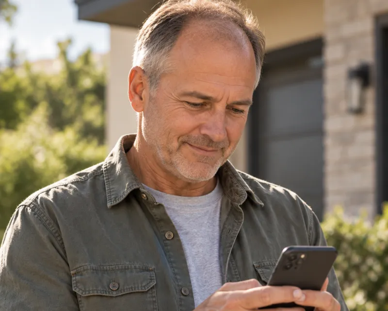 A homeowner outside his house, sending a referral from his phone
